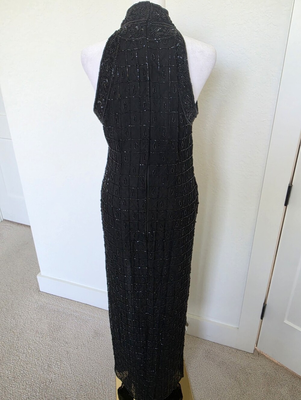 Adrianna Papell Evening Black Silk Beaded Sequin Halter Maxi Dress Size 10 - Picture 6 of 9
